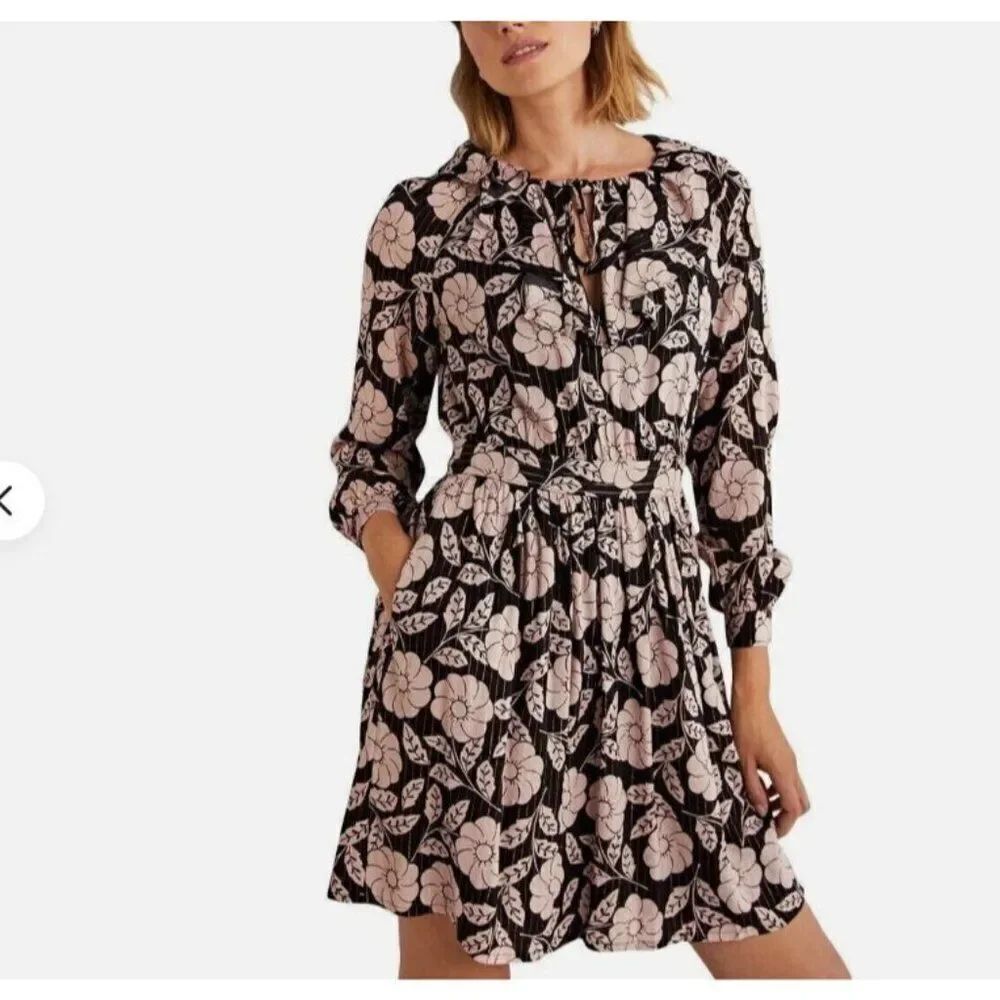 Boden Womens Fit & Flare Dress Black UK 14 US 10 Floral Metallic Frill D0347 NWT